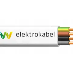 Przekrój kabla elektrycznego marki Elektrokabel z trzema żyłami: żółto-zieloną, brązową i czarną.