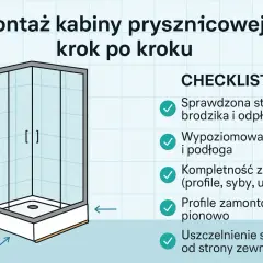 Ilustracja przedstawia montaż kabiny prysznicowej krok po kroku. Sprawdź stabilność brodzika i odpływu, wypoziomuj ściany. Montaż kabiny prysznicowej cena.