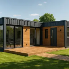 Nowoczesny dom z kontenerów 100m2 cena. Elegancka bryła, drewniana elewacja, duże przeszklenia i taras.