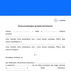 Umowa przedwstępna sprzedaży nieruchomości. Dokument zawiera dane sprzedającego i kupującego, a także informacje o nieruchomości.