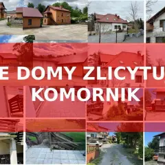 Kolaż zdjęć domów, z napisem "TE DOMY ZLICYTOWUJE KOMORNIK". Okazja dla kupujących!