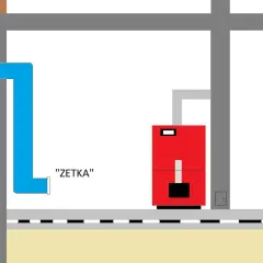 Schemat kotłowni z widocznym piecem i systemem wentylacji, w tym niebieskim kanałem doprowadzającym powietrze z zewnątrz.