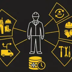 Schemat przedstawia pracownika otoczonego ikonami: odzież ochronna, ZUS, narzędzia, czas pracy, transport.