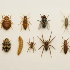 Różne rodzaje robaków w domu: pluskwa, larwa, pająk, mucha, rybik, chrząszcz.