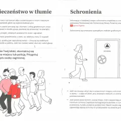 Ilustracja pokazuje ludzi uciekających w panice i znak schronienia. Unikaj tłumu i niebezpieczeństw, pamiętaj o **napięciu krokowym**.