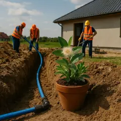 Pracownicy realizują projekt przyłącza wody, kopiąc rów, w którym układana jest niebieska rura. W tle dom i kwitnąca roślina w doniczce.