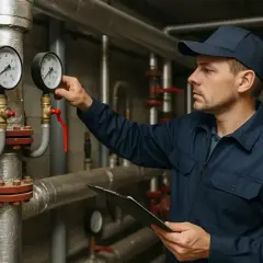 Technik sprawdza ciśnienie na manometrach, przygotowując instalację, kiedy zaczyna się sezon grzewczy.