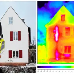 Kamera termowizyjna pokazuje dom, uwidaczniając **mostki termiczne** jako jasne plamy, gdzie ucieka ciepło.