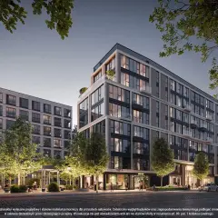 Nowoczesny apartamentowiec z przeszklonymi fasadami i zielonymi tarasami, otoczony drzewami.