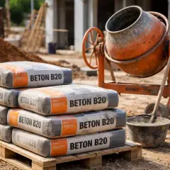 Siedem worków z napisem "BETON B20" na palecie, obok betoniarki i wiadra z zaprawą. Sprawdź aktualną beton b20 cena za m3.