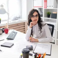 Kobieta w okularach siedzi przy biurku z dokumentami, kalkulatorem i kubkiem kawy.