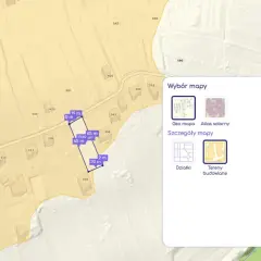 Mapa z zaznaczoną działką i wymiarami. Okno "Wybór mapy" z opcją "Tereny budowlane" pomoże sprawdzić, jak sprawdzić czy działka jest budowlana.