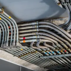 Plątanina metalowych i plastikowych peszli z kolorowymi oznaczeniami, biegnących pod sufitem.