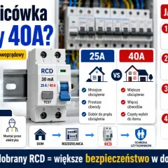 Porównanie wyłączników RCD 25A i 40A. Wybór zależy od obciążenia i liczby obwodów w domu. Dobrze dobrany RCD to większe bezpieczeństwo.