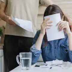 Kobieta zakrywa twarz papierem, mężczyzna kładzie rękę na jej ramieniu.