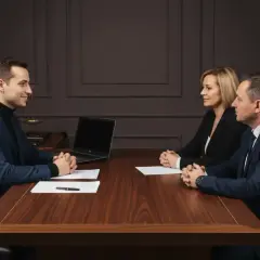 Notariusz omawia akt notarialny mieszkania z klientami przy drewnianym stole.