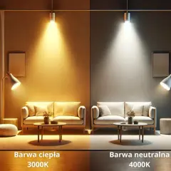 Porównanie barwy światła: ciepła 3000K tworzy przytulną atmosferę, neutralna 4000K jest jaśniejsza.