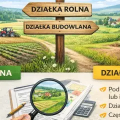 Rozdroże dróg: z jednej strony działka rolna z traktorem i uprawami, z drugiej działka budowlana z domem w budowie.
