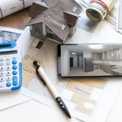 Planowanie remontu: kalkulator, projekt domu, wizualizacja kuchni na telefonie i pieniądze.