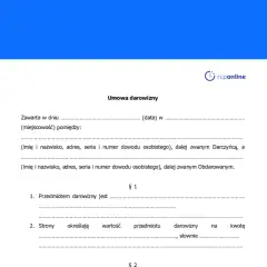 Umowa darowizny, dokument do wypełnienia dla zgłoszenia darowizny do US. Zawiera dane darczyńcy i obdarowanego.