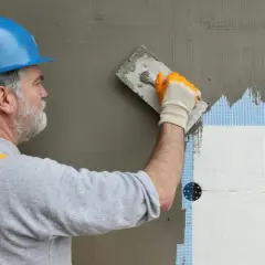 Budowlaniec w kasku nakłada tynk na styropian, pokazując, jak ocieplić garaż blaszany.