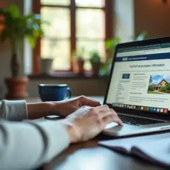 Osoba szuka w internecie informacji, jak znaleźć właściciela działki za darmo. Na ekranie laptopa widoczny jest artykuł o nieruchomościach.