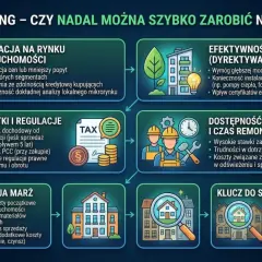 Flipowanie nieruchomości: analiza rynku, podatki, remonty i klucz do sukcesu. Grafika przedstawia czynniki wpływające na opłacalność flipowania.