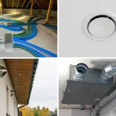 Instalacja rekuperacji w domu: kanały wentylacyjne na poddaszu, kratka nawiewna, czerpnie powietrza i centrala wentylacyjna.