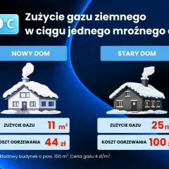 Porównanie kosztów ogrzewania gazowego: nowy dom zużywa 11 m³ gazu (44 zł), stary dom 25 m³ (100 zł) w mroźny dzień.