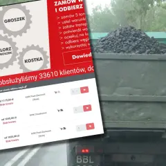 PGG cennik węgla: ekogroszek, orzech, kostka. Na ekranie widoczne ceny i dostępność produktów, obok ciężarówka z węglem.