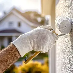 Ręka w rękawicy maluje białą farbą chropowatą elewację domu.