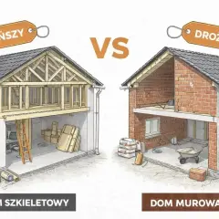 Porównanie budowy domu szkieletowego (tańszy) z domem murowanym (droższy). Widoczne konstrukcje i materiały budowlane.
