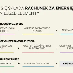 Schemat rozliczenia rachunku za prąd: prognoza zużycia, faktyczne zużycie, koszty energii i dystrybucji, nadpłata/niedopłata, kwota do zapłaty.