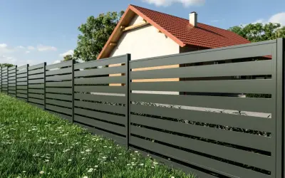 Nowoczesne ogrodzenie z poziomymi lamelami, idealne do Twojego ogrodu. Sprawdź atrakcyjne ceny ogrodzeń!