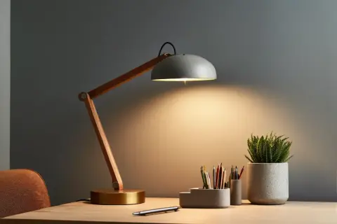 Stylowa lampka biurkowa z drewnianym ramieniem i betonową osłoną, oświetlająca miejsce pracy. Idealna do zadań wymagających precyzji, zapewnia odpowiednią ilość lumenów na m2.