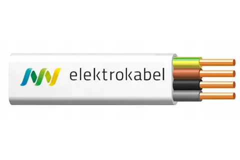 Przekrój kabla elektrycznego marki Elektrokabel z trzema żyłami: żółto-zieloną, brązową i czarną.