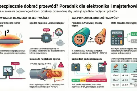 Poradnik o rodzajach przewodów elektrycznych: prawo Joule'a, spadek napięcia, paradoks AWG, dobór przekroju i obciążenia prądowe.
