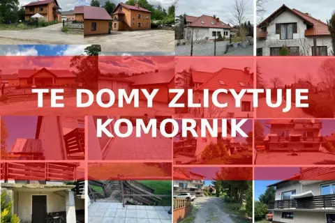 Kolaż zdjęć domów, z napisem "TE DOMY ZLICYTOWUJE KOMORNIK". Okazja dla kupujących!