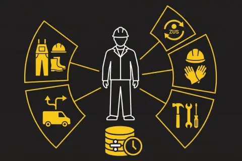 Schemat przedstawia pracownika otoczonego ikonami: odzież ochronna, ZUS, narzędzia, czas pracy, transport.