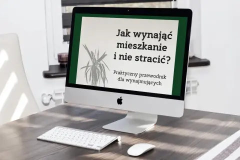 Komputer z napisem "Jak wynająć mieszkanie i nie stracić? Praktyczny przewodnik dla wynajmujących".
