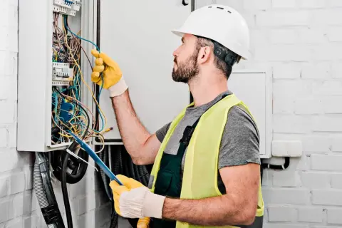 Elektryk w kasku i kamizelce odblaskowej pracuje przy skrzynce z przewodami. Dokładna wycena koszt instalacji elektrycznej wymaga precyzji.