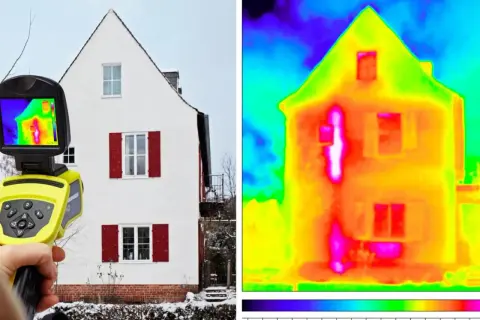 Kamera termowizyjna pokazuje dom, uwidaczniając **mostki termiczne** jako jasne plamy, gdzie ucieka ciepło.
