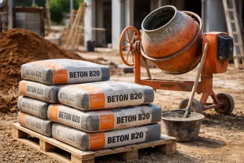 Siedem worków z napisem "BETON B20" na palecie, obok betoniarki i wiadra z zaprawą. Sprawdź aktualną beton b20 cena za m3.