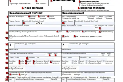 Formular zur Anmeldung einer neuen Wohnung in Köln. Wichtige Felder für meldung tymczasowy.