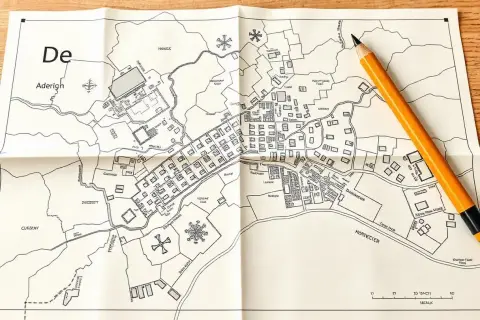Mapa zasadnicza działki z zaznaczonymi budynkami, drogami i nazwami terenów. Obok leży żółty ołówek.