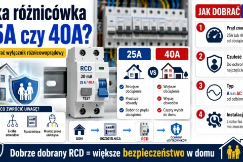 Porównanie wyłączników RCD 25A i 40A. Wybór zależy od obciążenia i liczby obwodów w domu. Dobrze dobrany RCD to większe bezpieczeństwo.
