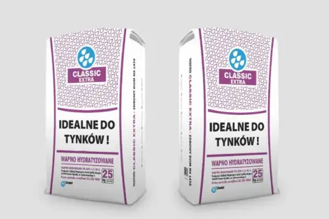 Dwie torby wapna budowlanego Classic Extra, idealne do tynków. Produkt wapno hydratyzowane, 25 kg.