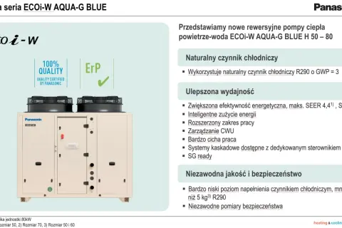 Pompa ciepła Panasonic ECOi-W AQUA-G BLUE z wysokim SCOP 3,92. Jednostka z naturalnym czynnikiem chłodniczym R290.
