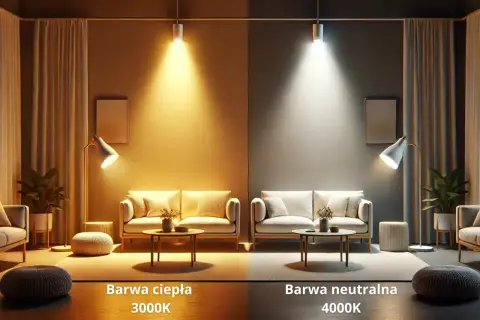 Porównanie barwy światła: ciepła 3000K tworzy przytulną atmosferę, neutralna 4000K jest jaśniejsza.