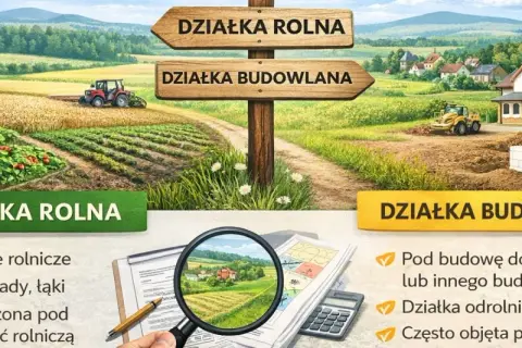 Rozdroże dróg: z jednej strony działka rolna z traktorem i uprawami, z drugiej działka budowlana z domem w budowie.
